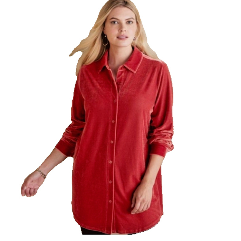 Soft Surroundings Women's Red Velvet Boyfriend Button Down Tunic Size XS